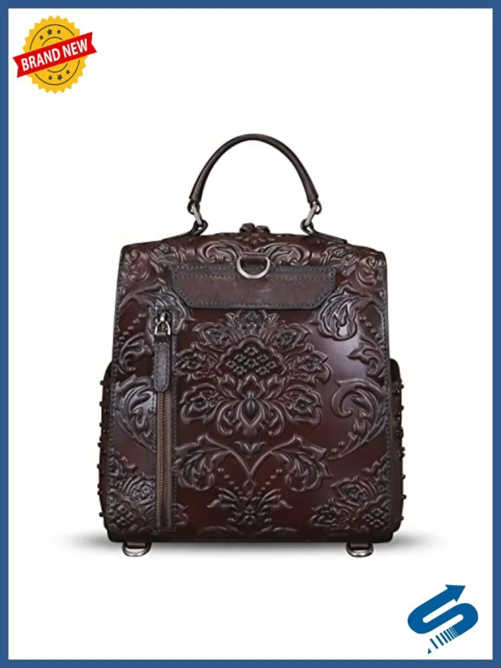 Genuine Leather Embossed Backpack Convertible Shoulder Bag Satchel Purse